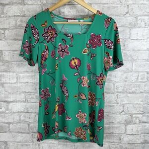 SUSAN GRAVER Liquid Knit Green Floral Pullover‎ Top Stretch Vibrant Size XS